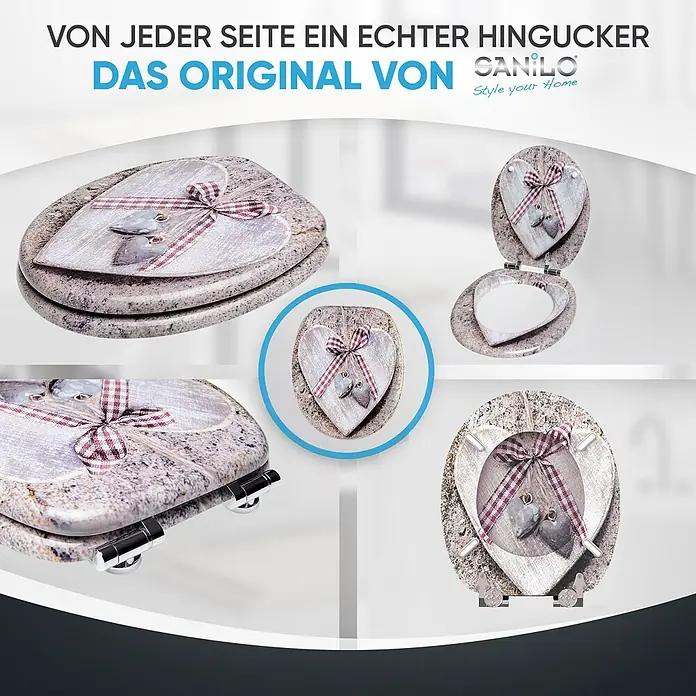 SANILO WC-Sitz Bavaria mit Absenkautomatik - MDF, Braun, Mit Absenkautomatik - Dekorativer Toilettensitz im Shabby-Chic Herz-Design mit Holzherz, kariertem Band und zwei kleinen Hängeherzen auf Granit-Muster.