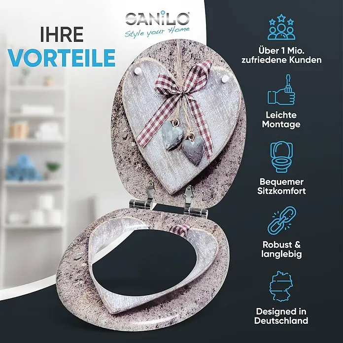 SANILO WC-Sitz Bavaria mit Absenkautomatik - MDF, Braun, Mit Absenkautomatik - WC-Sitz in grauer Steinoptik mit rustikalem Holzherz-Motiv, karierter Schleife und kleinen grauen Herzen.