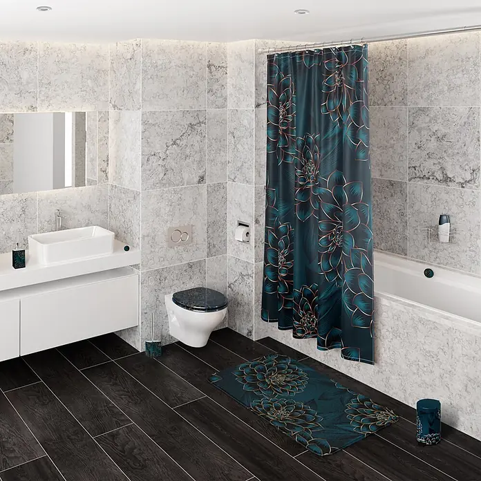 SANILO WC-Sitz Dahlien - MDF, Blau, Ohne Absenkautomatik - Badezimmer-Accessoire-Set in Dunkeltürkis mit goldenen Blumen, inkl. Duschvorhang, Toilettendeckel und Badematte.