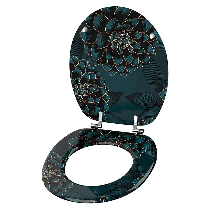 SANILO WC-Sitz Dahlien - MDF, Blau, Ohne Absenkautomatik - Toilettensitz mit geöffnetem Deckel und glänzendem dunkelpetrol-goldenen Blumenmuster.