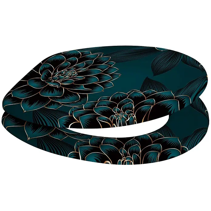 SANILO WC-Sitz Dahlien - MDF, Blau, Ohne Absenkautomatik - Toilettensitz mit dunkel türkisem und goldenem Blumenmuster.