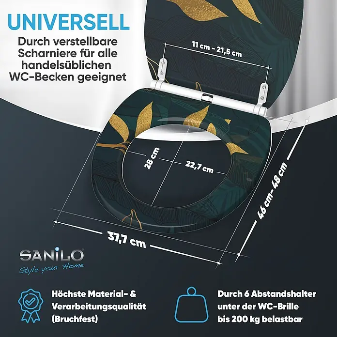 SANILO WC-Sitz Luxury mit Schnellverschluss - MDF, Grün, Mit Absenkautomatik - WC-Sitz in Dunkeltürkis mit goldem Blattmuster, universell verstellbar für alle Standard-WC-Becken, bruchfest und bis 200kg belastbar.