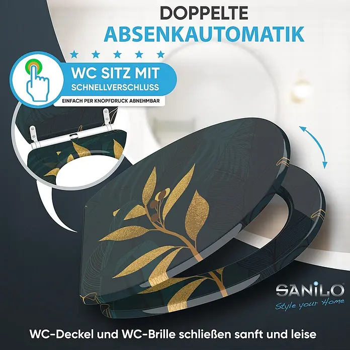SANILO WC-Sitz Luxury mit Schnellverschluss - MDF, Grün, Mit Absenkautomatik - Dunkler WC-Sitz mit Goldblattmuster, Schnellverschluss und doppelter Absenkautomatik für leises Schließen.