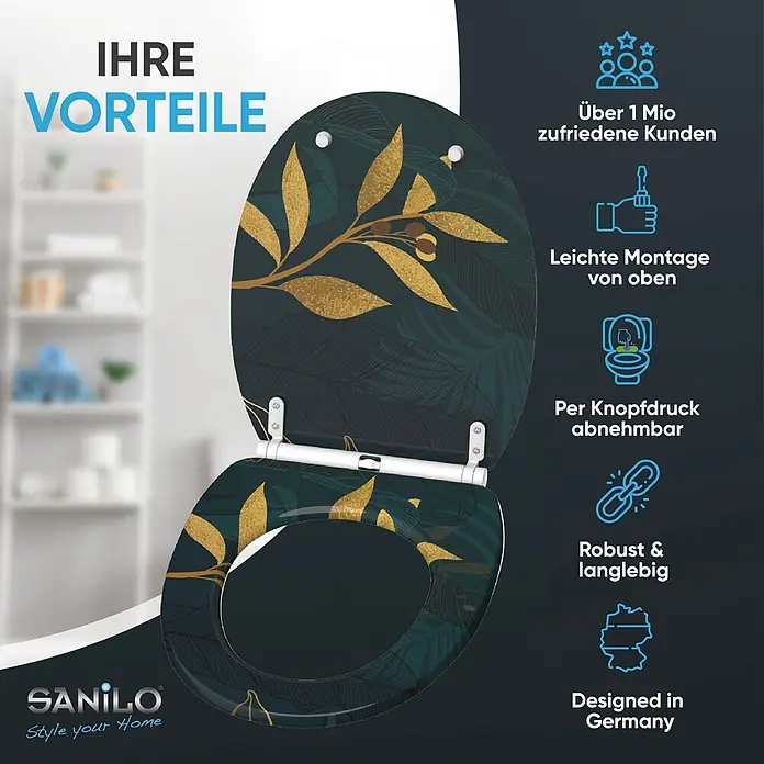 SANILO WC-Sitz Luxury mit Schnellverschluss - MDF, Grün, Mit Absenkautomatik - Dunkler Toilettensitz mit goldenem und dunkelgrünem Blattmuster.