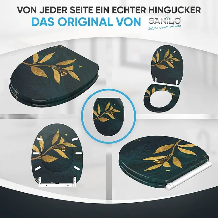 SANILO WC-Sitz Luxury mit Schnellverschluss - MDF, Grün, Mit Absenkautomatik - Dekorativer Toilettensitz mit dunkelgrünem Hintergrund und aufwendigem goldfarbenem Blattmuster. Aus verschiedenen Blickwinkeln gezeigt, inklusive Deckel, Sitz und Scharnieren.