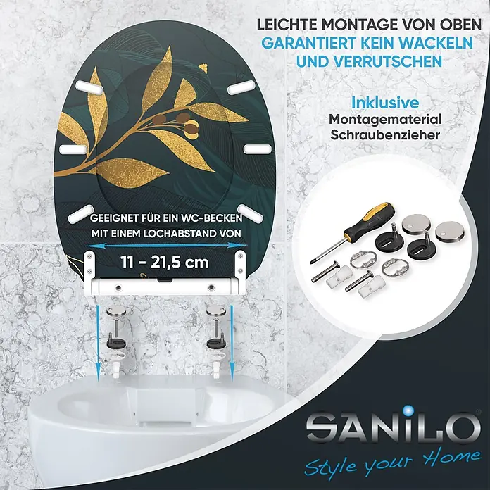 SANILO WC-Sitz Luxury mit Schnellverschluss - MDF, Grün, Mit Absenkautomatik - Dunkelgrüner Toilettensitz mit Goldblatt-Design, auf einer weißen WC-Schüssel montiert, zeigt Top-Montage und verstellbaren Lochabstand (11-21,5 cm) inkl. Werkzeug.