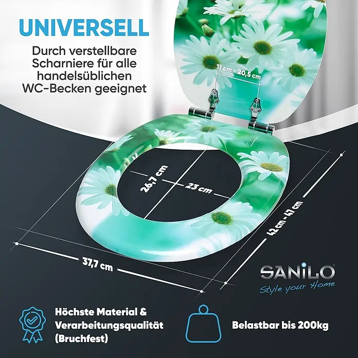 SANILO WC-Sitz Margeriten mit Absenkautomatik - MDF, Grün, Mit Absenkautomatik - Weißer Toilettensitz mit Gänseblümchenmuster auf hellgrünem Hintergrund, zeigt Maße und Universalpassform mit verstellbaren Scharnieren.