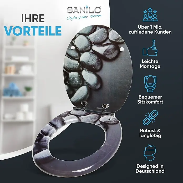 SANILO WC-Sitz Hot Stones mit Absenkautomatik - MDF, Schwarz, Mit Absenkautomatik - Toilettensitz mit grau-schwarzem Kieselstein-Design, offen.