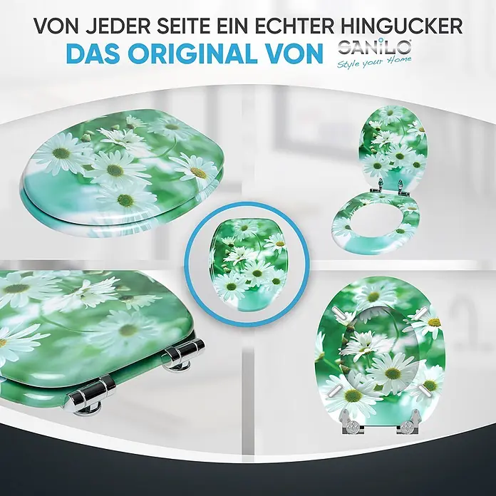 SANILO WC-Sitz Margeriten mit Absenkautomatik - MDF, Grün, Mit Absenkautomatik - Weiß-grüner Toilettensitz mit Gänseblümchenmuster und Chromscharnieren, aus verschiedenen Blickwinkeln, offen und geschlossen dargestellt.