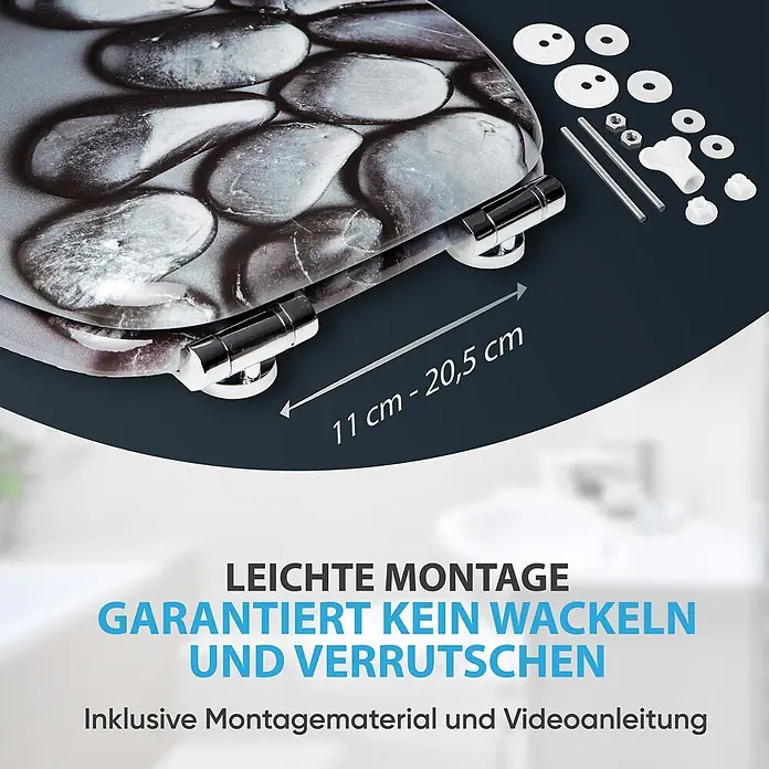 SANILO WC-Sitz Hot Stones mit Absenkautomatik - MDF, Schwarz, Mit Absenkautomatik - WC-Sitz mit Kieselstein-Muster, Chrom-Scharnieren und Montagematerial. Einstellbarer Abstand 11-20,5 cm.
