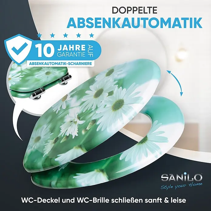 SANILO WC-Sitz Margeriten mit Absenkautomatik - MDF, Grün, Mit Absenkautomatik - WC-Sitz und Deckel mit grün-weißem Gänseblümchenmuster, mit doppelter Absenkautomatik und 10 Jahren Scharniergarantie.