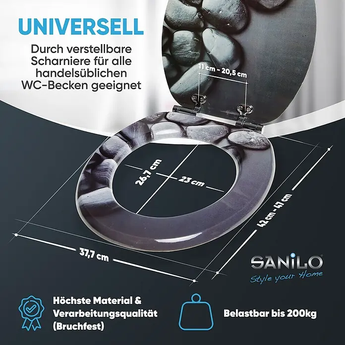 SANILO WC-Sitz Hot Stones mit Absenkautomatik - MDF, Schwarz, Mit Absenkautomatik - Grauer WC-Sitz mit Steinmuster. Universell, verstellbare Scharniere. Maße: außen 37.7x42-47cm, innen 23x26.7cm, Scharnier 11-20.5cm. Bruchsicher, bis 200kg belastbar.