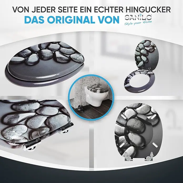 SANILO WC-Sitz Hot Stones mit Absenkautomatik - MDF, Schwarz, Mit Absenkautomatik - Toilettensitz mit stilvollem schwarz-grauem Kieselstein-Design, aus verschiedenen Blickwinkeln und auf einer Toilette montiert dargestellt.