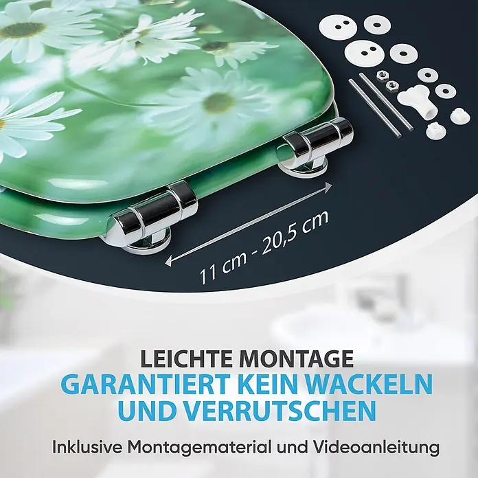 SANILO WC-Sitz Margeriten mit Absenkautomatik - MDF, Grün, Mit Absenkautomatik - Grüner WC-Sitz mit weißem Gänseblümchenmuster, Chromscharnieren und Montagematerial. Scharniere verstellbar von 11 bis 20,5 cm.