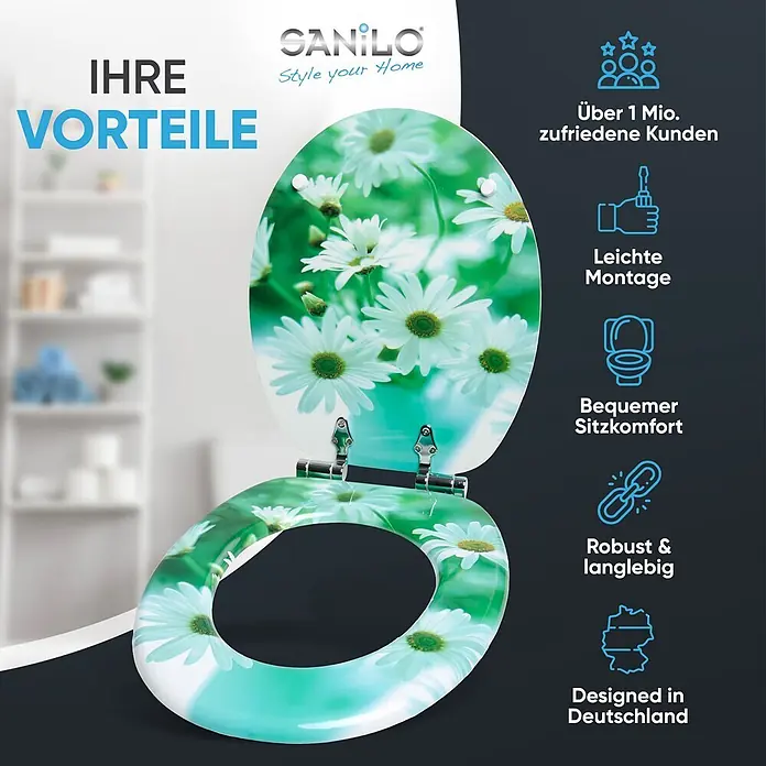SANILO WC-Sitz Margeriten mit Absenkautomatik - MDF, Grün, Mit Absenkautomatik - Weißer Toilettensitz mit lebhaftem hellgrünem Farbverlauf und weißem Gänseblümchenmuster, mit Chromscharnieren.