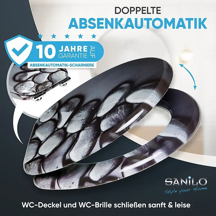 SANILO WC-Sitz Hot Stones mit Absenkautomatik - MDF, Schwarz, Mit Absenkautomatik - WC-Sitz und -Deckel mit schwarz-weißem Kieseldesign, ausgestattet mit doppelter Absenkautomatik.