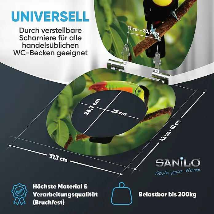 SANILO WC-Sitz Toucan mit Absenkautomatik - MDF, Grün, Mit Absenkautomatik - Toilettensitz mit Tukan-Print, verstellbaren Scharnieren und Maßen (außen 37,7x42-47cm). Bruchfest, belastbar bis 200kg.