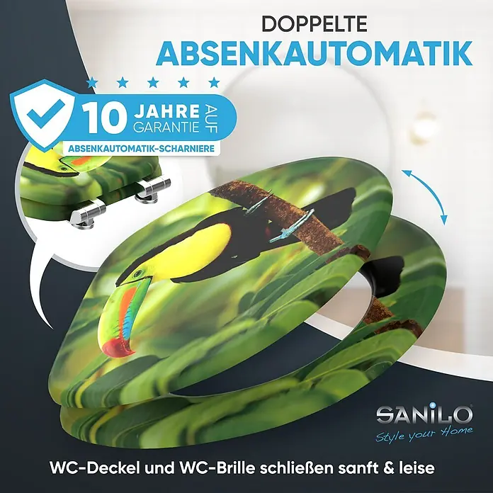 SANILO WC-Sitz Toucan mit Absenkautomatik - MDF, Grün, Mit Absenkautomatik - WC-Sitz mit farbenfrohem Tukan- und Blattdesign, ausgestattet mit doppelter Absenkautomatik für sanftes Schließen.