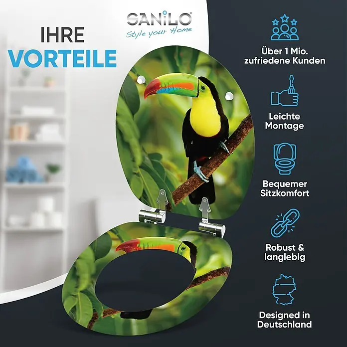 SANILO WC-Sitz Toucan mit Absenkautomatik - MDF, Grün, Mit Absenkautomatik - WC-Sitz mit lebhaftem Tukan-Design, der Produktvorteile präsentiert.