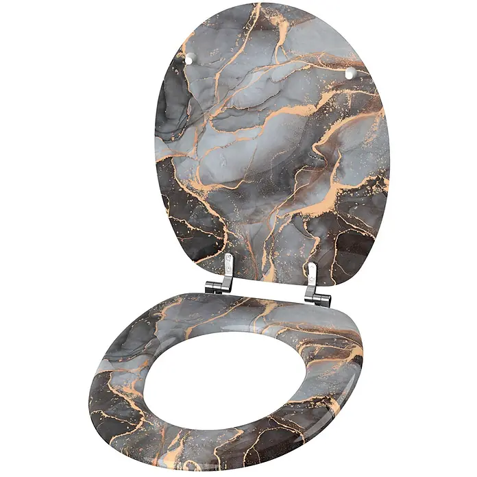 SANILO WC-Sitz Marmor Abstrakt - MDF, Braun, Ohne Absenkautomatik - Geöffneter Toilettensitz mit Deckel, grauer, schwarzer und goldener Marmor-Optik.