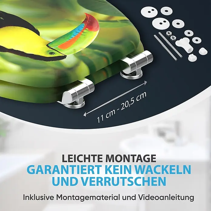SANILO WC-Sitz Toucan mit Absenkautomatik - MDF, Grün, Mit Absenkautomatik - Toilettensitz mit Tukan-Druck, verstellbaren Scharnieren (11-20,5 cm) und Montagesatz für einfache, sichere Installation.