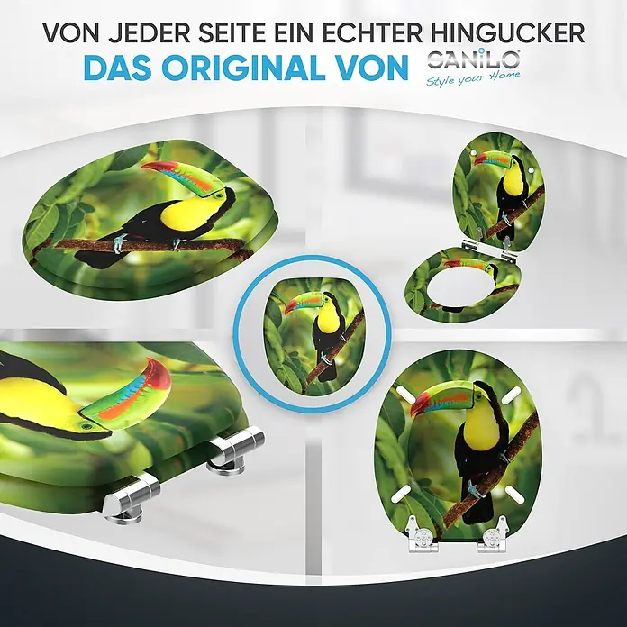 SANILO WC-Sitz Toucan mit Absenkautomatik - MDF, Grün, Mit Absenkautomatik - Toilettensitz mit Tukanmotiv auf grünen Blättern. Verschiedene Ansichten zeigen das farbenfrohe Design und Metallscharniere.