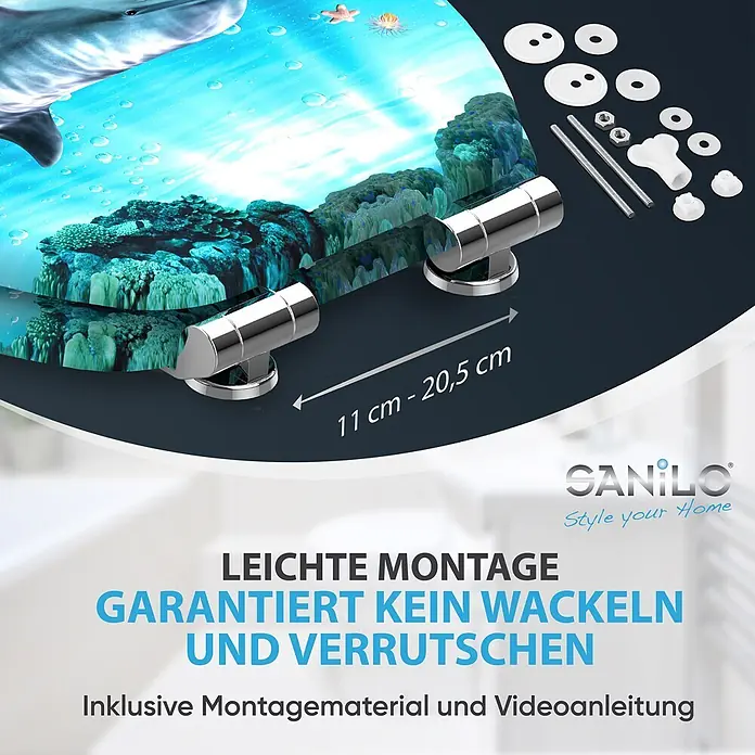 SANILO WC-Sitz Delphin Korallen mit Absenkautomatik - MDF, Blau, Mit Absenkautomatik - Toilettensitz mit Delfinmotiv und Montagematerial. Höhenverstellbar von 11 bis 20,5 cm für einfache, wackelfreie Montage.