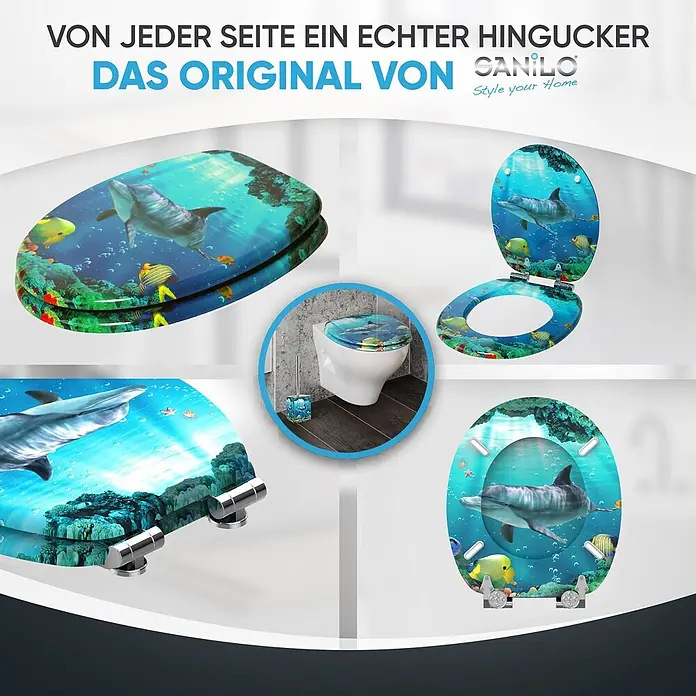 SANILO WC-Sitz Delphin Korallen mit Absenkautomatik - MDF, Blau, Mit Absenkautomatik - Toilettensitz mit lebhaftem Unterwasser-Design: Delfin, Korallen, bunte Fische. Passender Klobürstenhalter dabei.