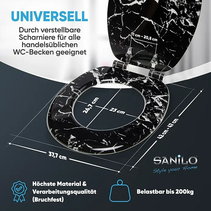 SANILO WC-Sitz Marmor Schwarz mit Absenkautomatik - MDF, Schwarz, Mit Absenkautomatik - Schwarzer Toilettensitz mit weißem Marmormuster, Maße und verstellbare Scharniere für universelle Passform.
