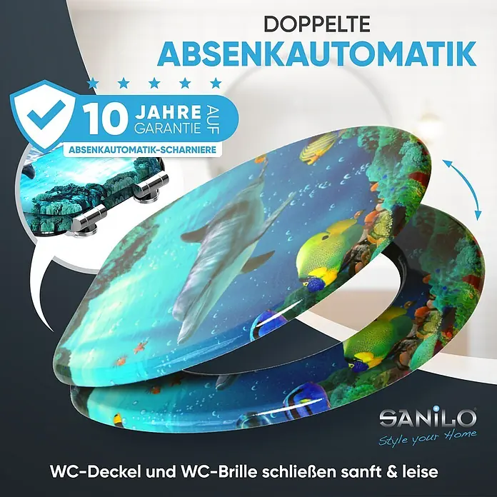 SANILO WC-Sitz Delphin Korallen mit Absenkautomatik - MDF, Blau, Mit Absenkautomatik - WC-Sitz mit Unterwasser-Delfin- und Fischmotiv, ausgestattet mit Absenkautomatik.