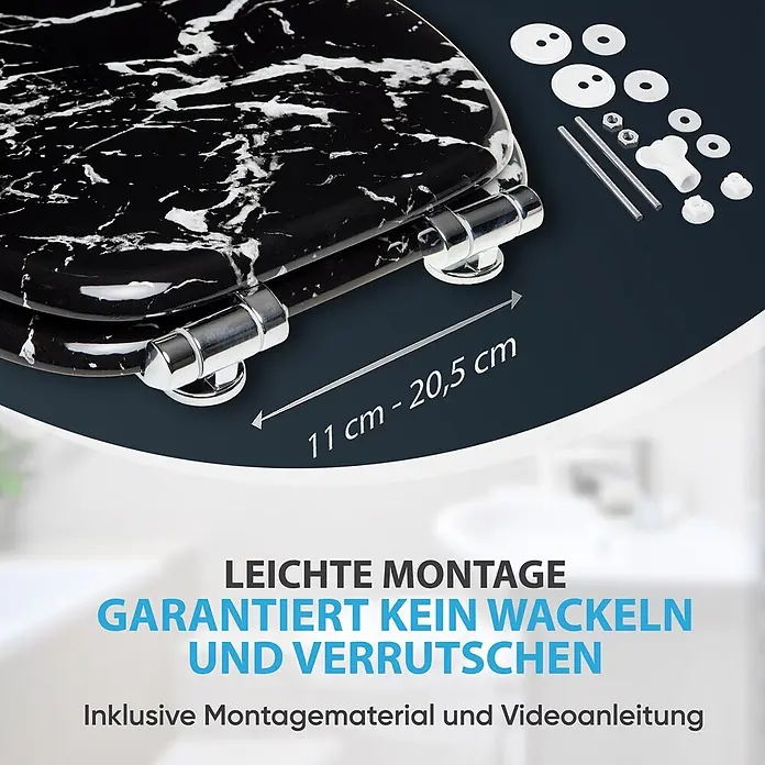 SANILO WC-Sitz Marmor Schwarz mit Absenkautomatik - MDF, Schwarz, Mit Absenkautomatik - Schwarz-weiß marmorierter Toilettensitz mit Chromscharnieren und komplettem Montagematerial.