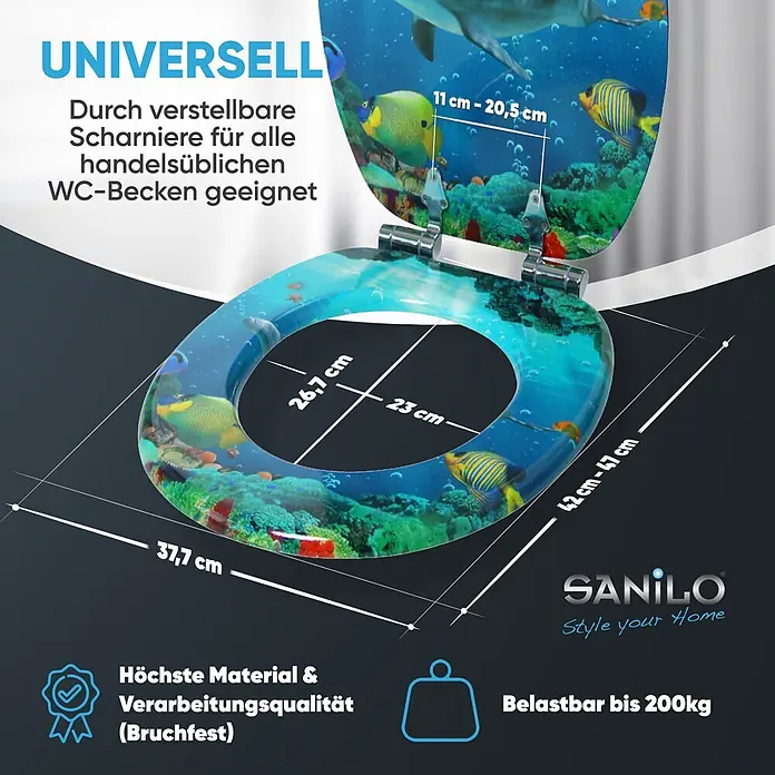 SANILO WC-Sitz Delphin Korallen mit Absenkautomatik - MDF, Blau, Mit Absenkautomatik - Toilettensitz mit Unterwasser-Aquarium-Design, verstellbare Scharniere für universelle Passform, bruchfest, belastbar bis 200kg.