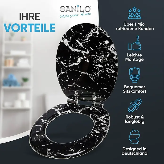 SANILO WC-Sitz Marmor Schwarz mit Absenkautomatik - MDF, Schwarz, Mit Absenkautomatik - Offener schwarzer Toilettensitz mit elegantem weißem Marmormuster.