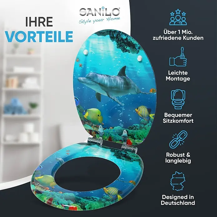 SANILO WC-Sitz Delphin Korallen mit Absenkautomatik - MDF, Blau, Mit Absenkautomatik - Toilettensitz mit Unterwassermotiv und Delfin, präsentiert mit fünf Produktvorteilen.