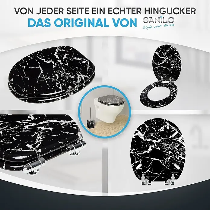 SANILO WC-Sitz Marmor Schwarz mit Absenkautomatik - MDF, Schwarz, Mit Absenkautomatik - Toilettensitz in Schwarz-Marmor-Optik mit passendem Bürstenhalter, aus verschiedenen Blickwinkeln und auf Toilette installiert.