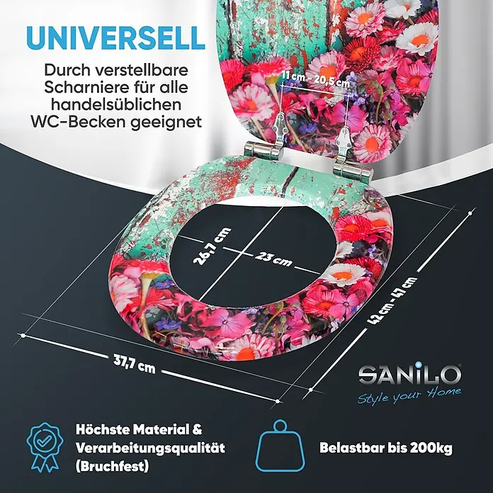 SANILO WC-Sitz Spring mit Absenkautomatik - MDF, Türkis, Mit Absenkautomatik - Blumen-WC-Sitz im Used-Look mit Maßen. Universell passend dank verstellbarer Scharniere, bruchfest, bis 200kg belastbar.
