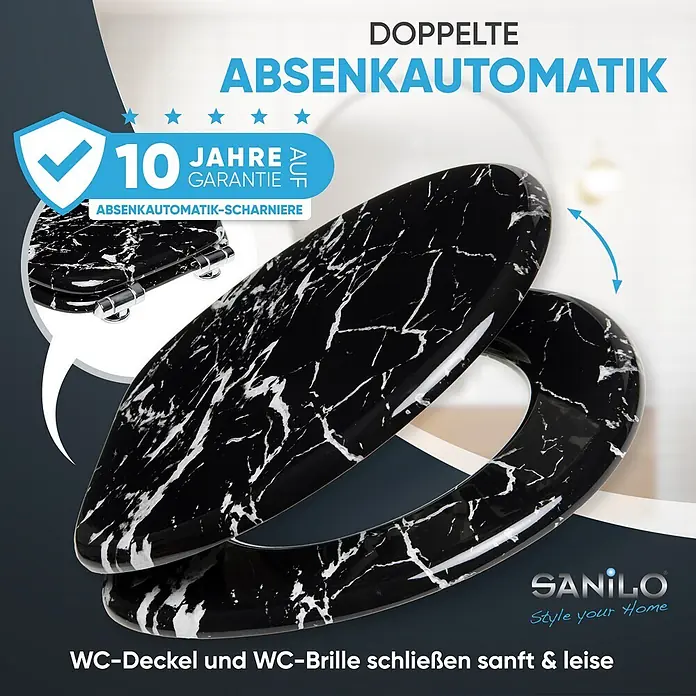 SANILO WC-Sitz Marmor Schwarz mit Absenkautomatik - MDF, Schwarz, Mit Absenkautomatik - Schwarz marmorierter WC-Sitz mit doppelter Absenkautomatik für sanftes, leises Schließen.