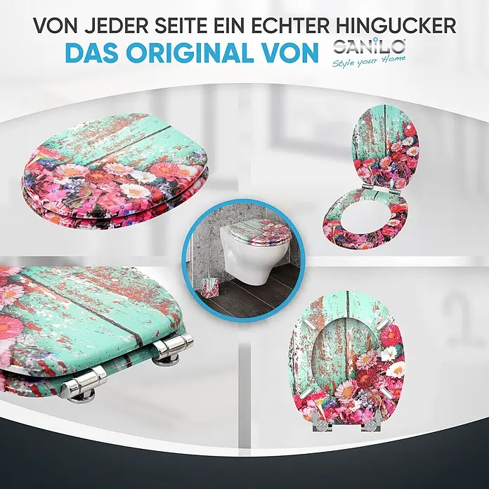 SANILO WC-Sitz Spring mit Absenkautomatik - MDF, Türkis, Mit Absenkautomatik - Toilettensitz mit Blumenmuster auf türkisem Altholz, geschlossen, offen und auf WC montiert gezeigt.
