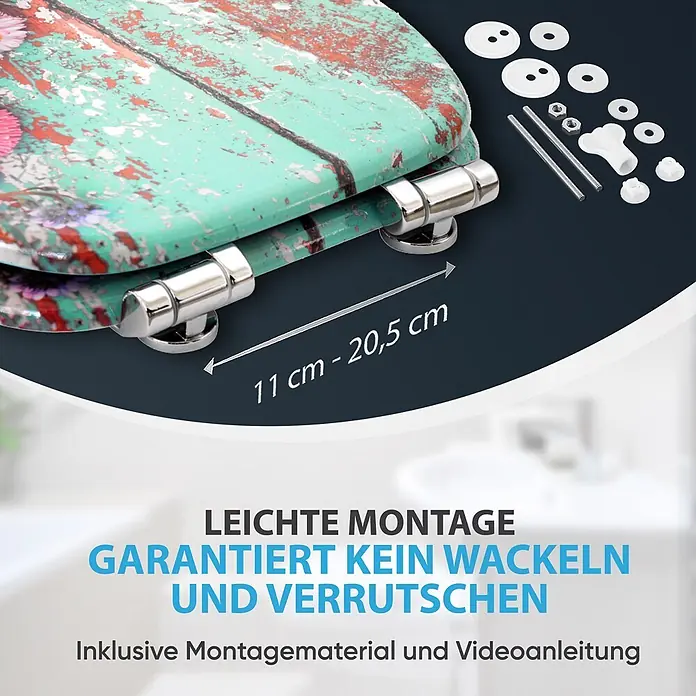 SANILO WC-Sitz Spring mit Absenkautomatik - MDF, Türkis, Mit Absenkautomatik - WC-Sitz mit rustikalem, grün-rotem Muster, Chromscharnieren und Montagezubehör. Scharnierabstand von 11 cm bis 20,5 cm verstellbar.