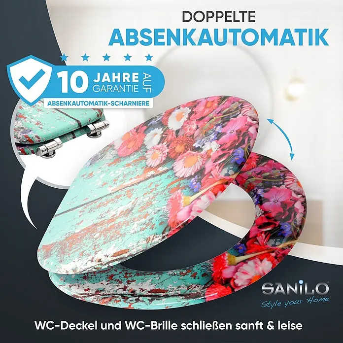 SANILO WC-Sitz Spring mit Absenkautomatik - MDF, Türkis, Mit Absenkautomatik - WC-Sitz und Deckel mit floralem Muster auf Türkis-Holz-Optik, mit sanfter Absenkautomatik.