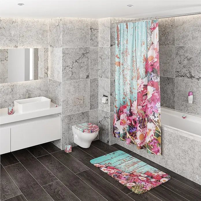 SANILO WC-Sitz Spring mit Absenkautomatik - MDF, Türkis, Mit Absenkautomatik - Badezimmer-Set: Duschvorhang, Toilettensitzbezug, Badematte, Seifenspender und WC-Bürstenhalter mit Blumenmuster.