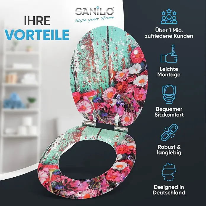 SANILO WC-Sitz Spring mit Absenkautomatik - MDF, Türkis, Mit Absenkautomatik - Toilettensitz mit lebhaftem Blumenmuster: rote, rosa und weiße Blüten auf einem abgenutzten türkisblauen Hintergrund.