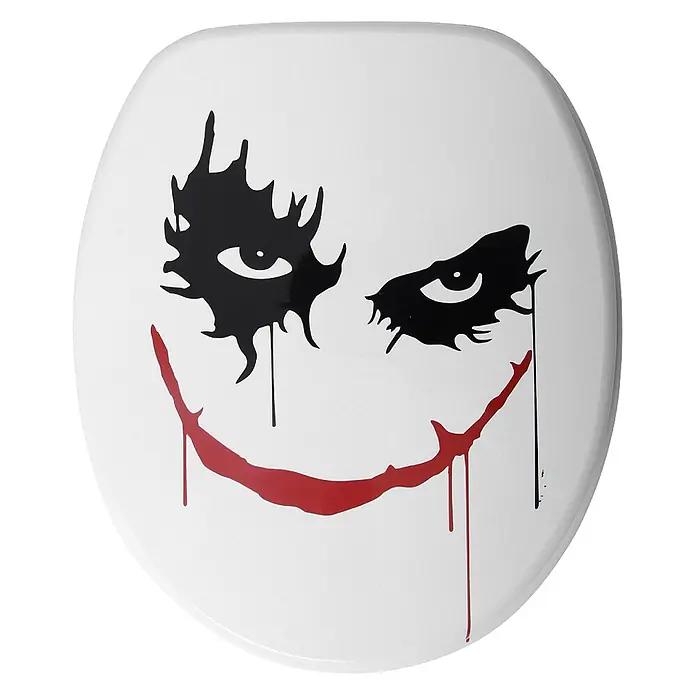 SANILO WC-Sitz Joker mit Absenkautomatik - MDF, Rot, Mit Absenkautomatik - Weißer Toilettensitz mit schwarzem und rotem Kunstdesign eines Gesichts, das an den Joker erinnert, mit tropfenden Elementen.