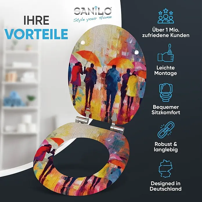 SANILO WC-Sitz Umbrella mit Absenkautomatik - MDF, Multicolor, Mit Absenkautomatik - Toilettensitz mit farbenfrohem, künstlerischem Druck, der Menschen mit Regenschirmen im Regen zeigt.