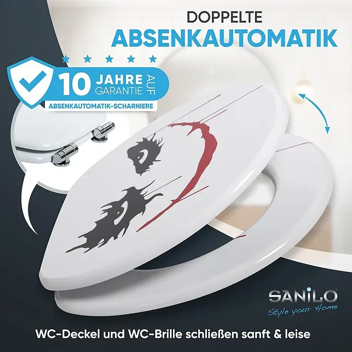 SANILO WC-Sitz Joker mit Absenkautomatik - MDF, Rot, Mit Absenkautomatik - Weißer WC-Sitz mit abstraktem grau-rotem Design, ausgestattet mit sanfter Absenkautomatik.