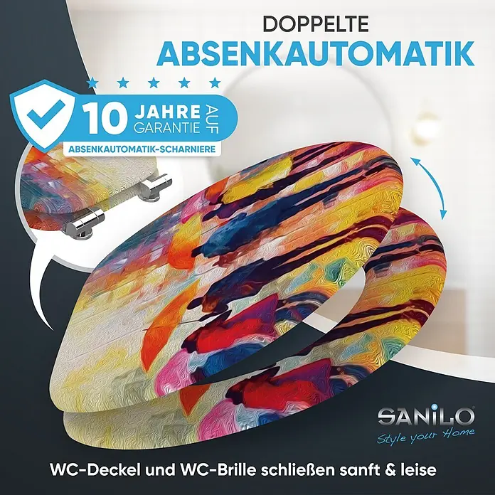 SANILO WC-Sitz Umbrella mit Absenkautomatik - MDF, Multicolor, Mit Absenkautomatik - Bunter Toilettensitz mit Deckel in abstraktem, künstlerischem Design und doppelter Absenkautomatik für sanftes Schließen. 10 Jahre Garantie auf Scharniere.