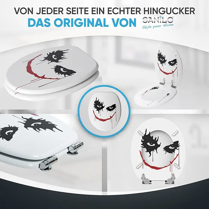 SANILO WC-Sitz Joker mit Absenkautomatik - MDF, Rot, Mit Absenkautomatik - Weißer Toilettensitz mit schwarzem und rotem Joker-Gesichtsdesign, geschlossen und offen aus verschiedenen Blickwinkeln.