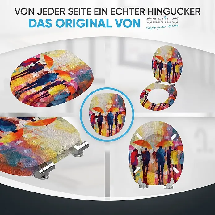 SANILO WC-Sitz Umbrella mit Absenkautomatik - MDF, Multicolor, Mit Absenkautomatik - Bunter Toilettensitz mit künstlerischem Design von Menschen mit Regenschirmen im Regen.