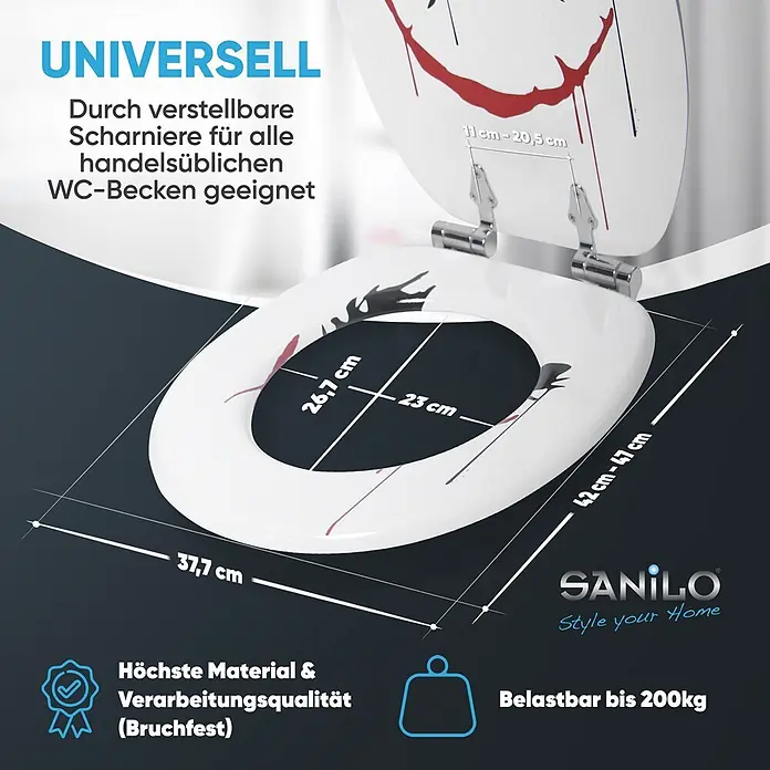 SANILO WC-Sitz Joker mit Absenkautomatik - MDF, Rot, Mit Absenkautomatik - Weißer WC-Sitz mit schwarzen und roten Verzierungen, Maße, universelle Passform, 200 kg Tragkraft und hochwertige Verarbeitung.