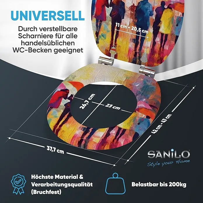 SANILO WC-Sitz Umbrella mit Absenkautomatik - MDF, Multicolor, Mit Absenkautomatik - WC-Sitz mit abstraktem Kunstmotiv (Regenszene). Verstellbare Scharniere für universelle Passform, hohe Materialqualität, 200kg Traglast.